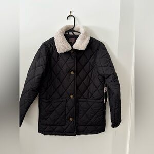 Black Quilted Puffer Button Down Barn Coat W Sherpa Collar
